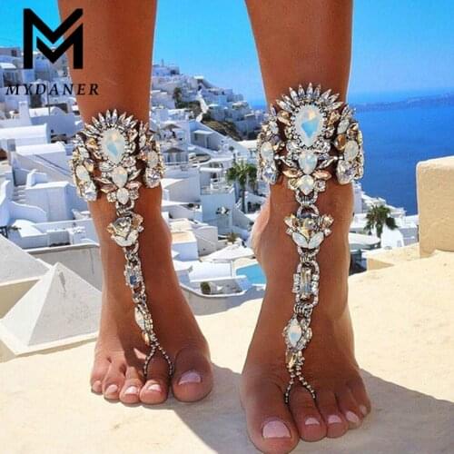 MYDANER 1 PCS Women Sexy Luxury Crystal Boho Statement Anklets Bracelets Long Leg Chain Summer Beach Wedding Jewelry for Women