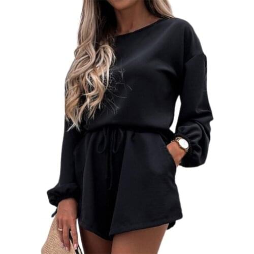 2Pcs/Set Casual Top Shorts Suit Skin-friendly Long Sleeve Solid Color All Match Drawstring O-Neck Blouse Shorts Suit for Sports