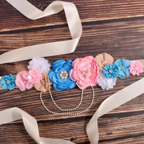 Purtulle Maternity Sash Women Blue/Pink Flower Sash Pregnancy Belly Belt Bridal Ribbon Cummerbunds Wedding Dress Waist Belt