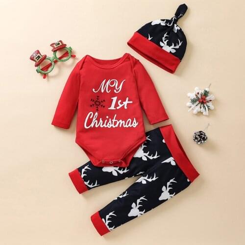 FOCUSNORM Christmas Baby Girls Boys 3pcs Clothes Sets 0-24M Letter Printed Long Sleeve Romper Deer Pants Hats