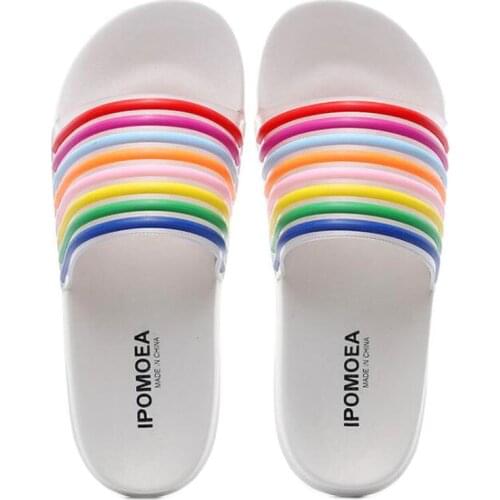 Women Candy Color Summer Slippers Ladies Beach Sandals Women Outdoor Stripe Slideshow Bathroom Rainbow Home Slippers Size 35-40