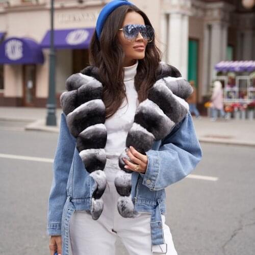 Fashion Natural Fur Coat Women Winter New Denim Jacket with Rex Rabbit Fur Lapel Collar 2021 Trendy Rabbit Fur Overcoats Luxury