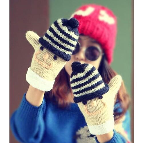 Cute Face Knited Gloves Lady Winter Thick Warm Handmade Cable Knit Mittens