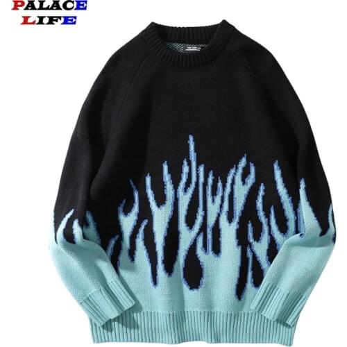 Sweater Men Streetwear Blue flame Pattern 2020 Hip Hop Winter Streetwear Mens Sweaters Pullover Knitwear Sweater for Men