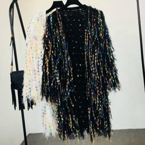 Lambs Sequins Tassels Knitted Sweater Long Jacket Hook Flowers Cardigan Handmade Mixed Color Fringed Velvet Fluffy Coat Outwear