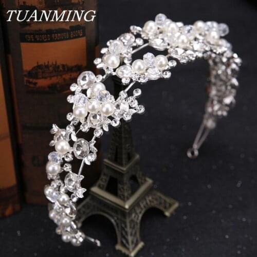 Pearl Rhinestone Hairband Tiara Bride Hair Accessories Elasticity Hairbands Silver Color Wedding Crown Headband For Bride