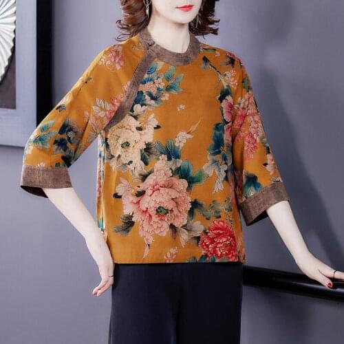 2021 Women Casual Floral Mulberry Silk Tops and Blouses Autumn Vintage Feminina Shirts 4XL Plus Size Long Sleeve Loose Blouse