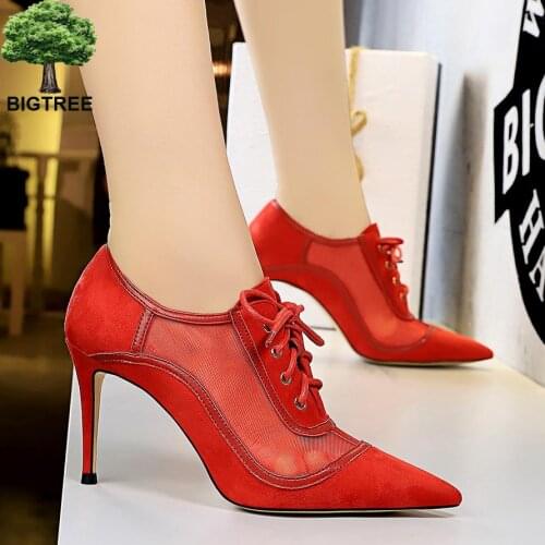 2020 Womens Shoes Single Shoes Fine High Heels Fashion Sexy Deep Mouth Pointed Mesh Hollow Out Cross Lacing
