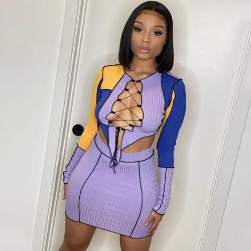 Lace Up Two Piece Set Patchwork Hollow Out Long Sleeve Tees Tops Mini Skirts Suits Womens Clothing 2021 Sexy Skinny Dress Sets
