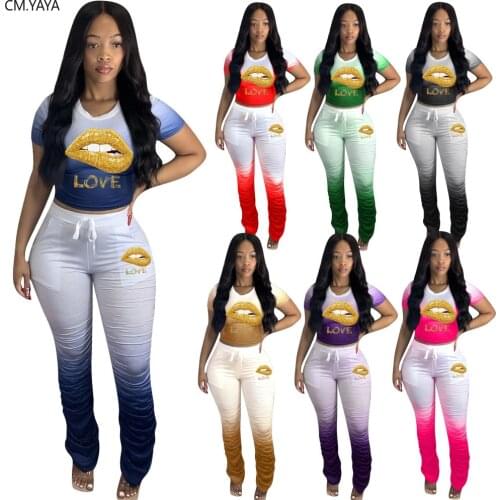 CM.YAYA Sport Gradient Love Lips Women Set Two Pieces Set Tracksuit Crop Top Stacked Jogger Sweatpant Suit Outfit Matching Set
