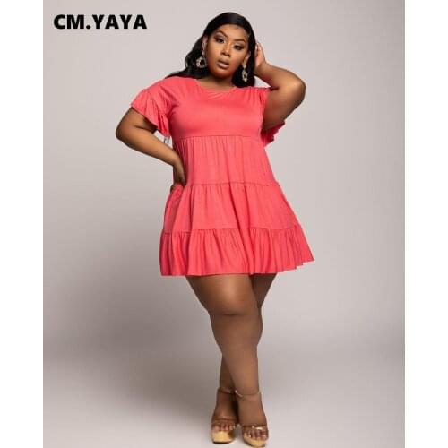 CM.YAYA Plus Size XL-5XL Dress Women Solid Short Butterfly Sleeve O-neck Above Knee Loose Dresses Office Lady High Street Outfit