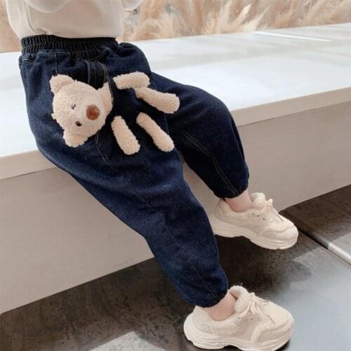 2020 Winter Baby Girl Jeans Kids Pants Children Clothes Cute Bear Plus Velvet Denim Pants Girls Trousers Toddler Pantalon Fille
