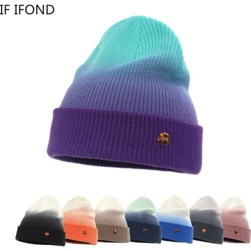 Winter Hats For Women Man Fashion Gradient Elastic Warm Knitted Beanie Hat Hip Hop Skullcap