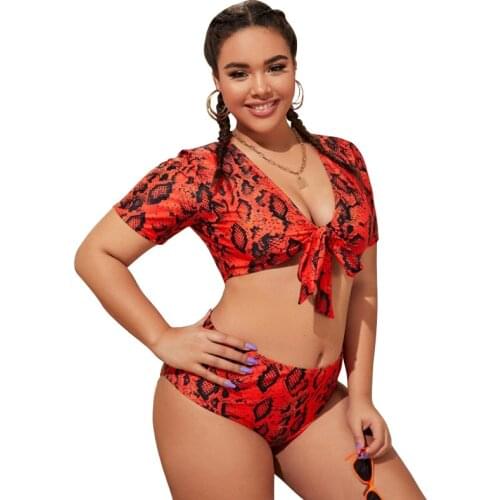 2021 European and American Plus Size Swimwear Fat Girl Short Sleeve Bikini Womens Seperated Swimwear Red Leopard Dot Swimsuit