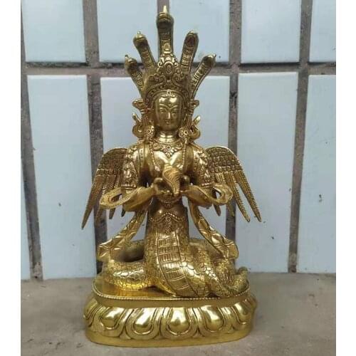 Free Shipping 11" Tibet Tibetan Bronze Gilt Naga Kanya Buddha 5 Snake Head Kwan-yin Buddha Sta