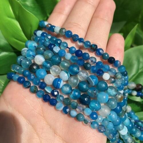 Natural Stone Faceted Blue Stripes Agate Round Loose Spacer Beads for Jewelry Making Handmade Diy Necklace 4 6 8 10 12mm 15