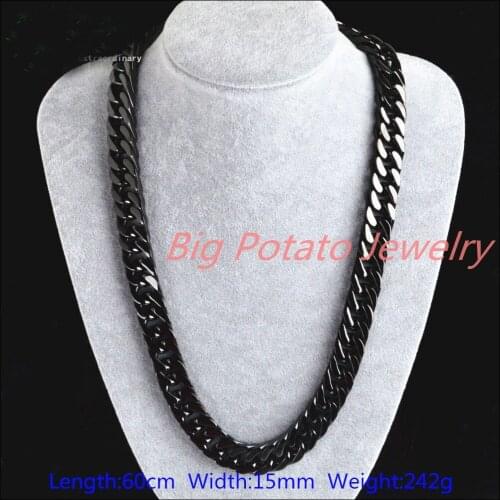24"*15MM 242G Heavy Gift 316L Stainless Steel Classic Black Curb Cuban Chain Mens Necklace Fashion Jewelry High Quality