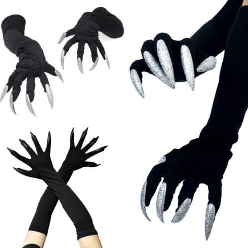 Halloween Long Nails Cosplay Gloves Funny Festival Witch Cosplay Costume Party Scary Fancy Props Black Mitten Glove Tools