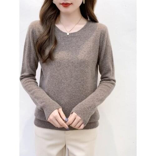 Cashmere sweater ladies pullover solid color top round neck sweater spring and autumn knit bottoming sweater pure wool sweater