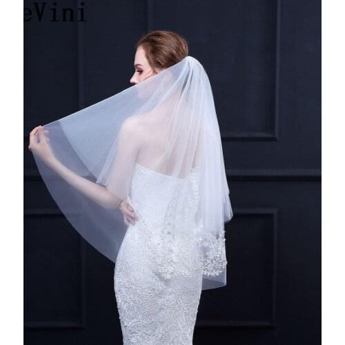 JaneVini Short Two-Layer Wedding Veils with Comb Ivory Lace Bridal Veils Wedding Accessories Appliques Soft Tulle wit sluier