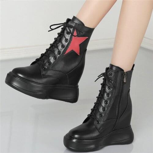 Fashion Sneakers Women Genuine Leather High Heel Ankle Boots Female Lace Up High Top Round Toe Platform Pumps Shoes Casual Shoes