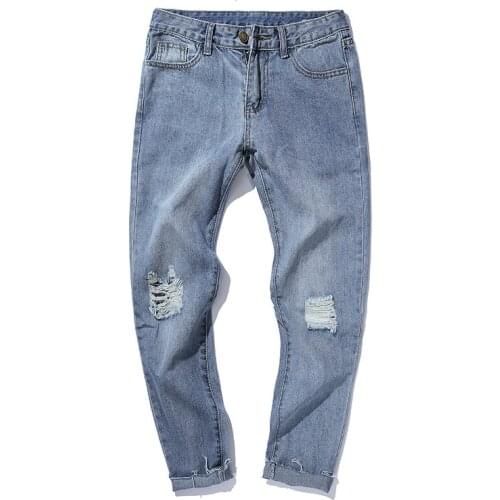 Summer 2021 cut hole mens front ripped jeans beggar pants lovers Korean loose cropped trousers raw-edged ankle length pants