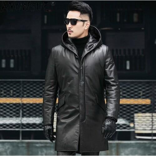 AYUNSUE Mens Down Jacket Winter Coat Men Clothing Real Cow Leather Jackets Thick Clothes Hooded Windbreaker Ropa Hombre LXR543