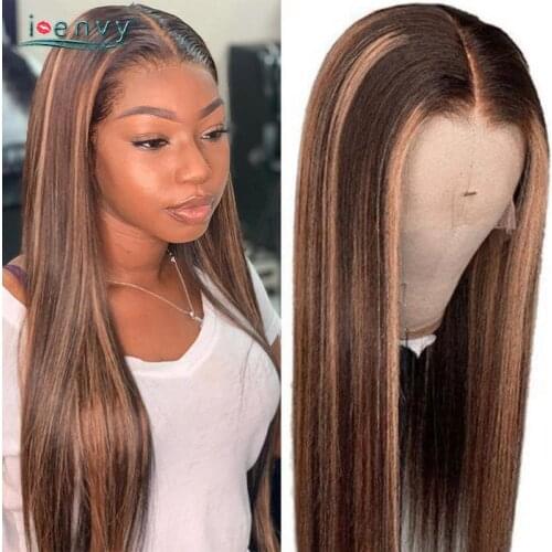 Ombre Blonde Wig Straight Frontal Wig Colored Lace Front Wigs Human Hair Transparent Front Wig For Women Highlight Hair Brown