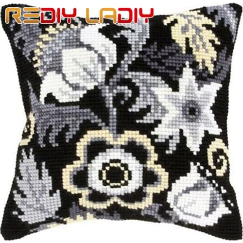 Cross Stitch Cushion White Flowers Make Your Own Pillow Chunky Cross Stitch Kits Pre-Printed Canvas Acrylic Yarn Pillow Case