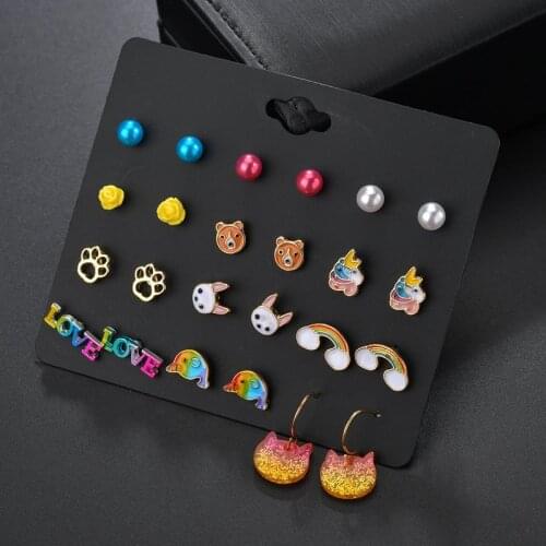 12 PCS/SET Fashion dolphin&unicorn shape Earring For Girls Small Cute Crystal Statement Earring Jewelry Stud Earrings ER200127