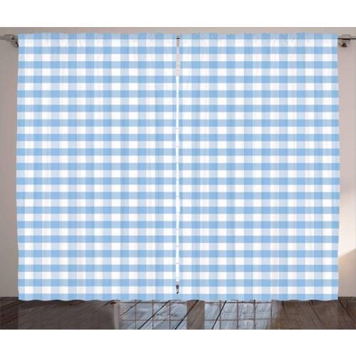 Blue Gingham Check Curtains Picnic Checkered Print Satin Fabric Drapes for Living Room Bedroom 2 Panel Window Set