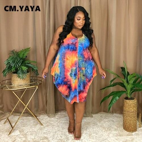CM.YAYA Women Plus Size Dress Print Sleeveless O-neck Loose Stretchy Knee Length Dresses Casual Fashion Streetwear Summer Outfit