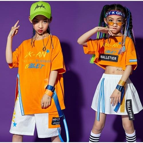 2021 Loose Short Sleeved Tops For Girls Hip Hop Clothing Cheerleading Jazz Dance Costume Boys Modern Street Dance Outfit BL6136