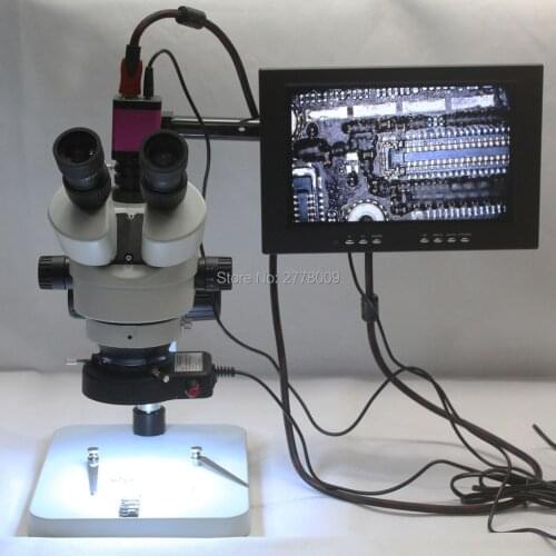Trinocular Stereo Microscope 3.5X-90X Continuous Zoom Magnification HDMI Industrial Camera LED Light Source 10-inch Monitor