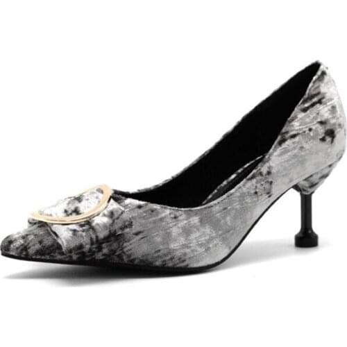 Pumps Women Shoes Metal Decoration Flock Slip-On Shallow Wedding Party Pointed Toe 6CM Thin High Heels Pump Chaussures Femme