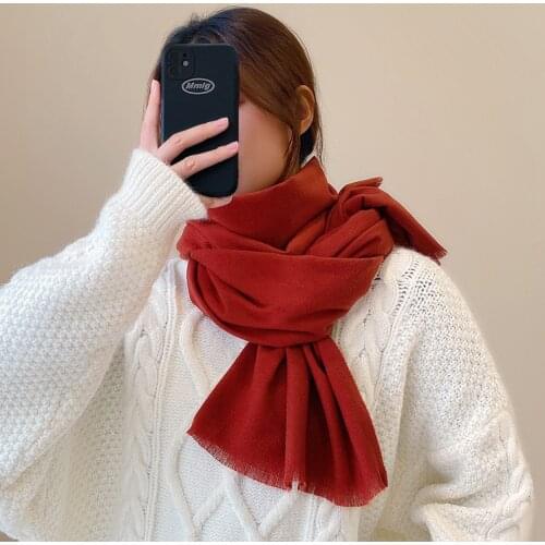 2021 Thickened Solid Color Annual Red Scarf Female Winter New Year Imitation Cashmere Fringed Shawl Warm Scarf Women