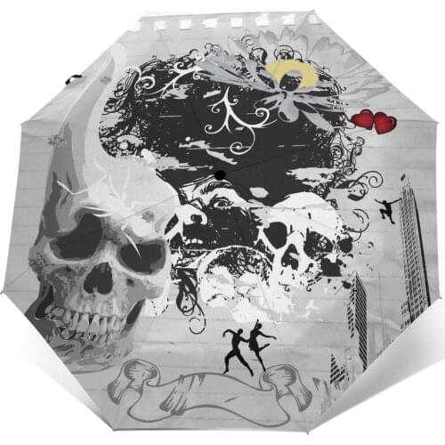 Wind Resistant Folding Automatic Umbrella Women Auto Black And White Skull Windproof Umbrellas Rain For Men Parasol