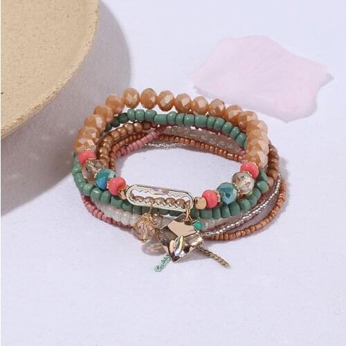 Vintage Multilayer Charm Beads Bracelet & Bangle For Women Pulsera Square Alloy Pendant Bohemian Bracelet Female Fashion Jewelry