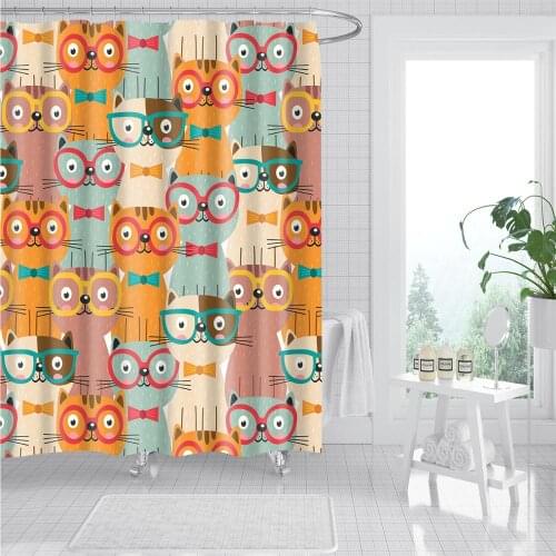 Cartoon Animals Shower Curtain Cat with Glasses Bath Accessories with 12 Hooks Waterproof Polyester Fabric Bathroom Decoration