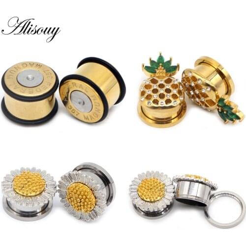 Alisouy 2PCS Stainless Steel pineapple fashion crystal Ear Plugs Tunnels Piercings Expansion Ear Stretched Body Jewelry 6-25mm