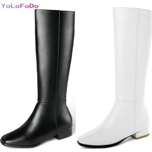 PU Leather Women Knee High Boots Comfortable Low Square Heel Women Calf Boots Side Zipper Round Toe Womans Shoes Plus Size 43