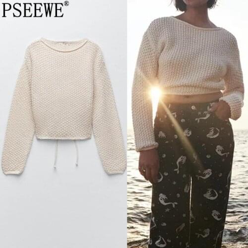 PSEEWE Za Women Sweater Open Back Knitted Sweater Woman Long Sleeve Cropped Sweater Pullover Fashion Tied Thin Sweaters Jersey