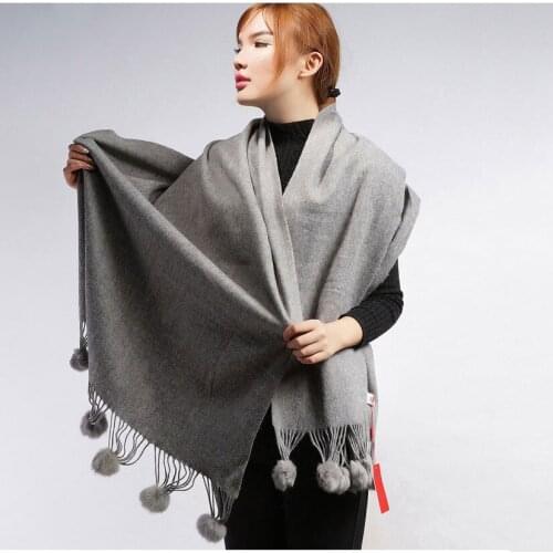 Women Winter Scarf Thick Solid Color Big Size Shawls Thick Warm Long Brand Real Sheep Fur Cape with Natural Rabbit Fur Pompom