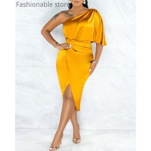 Women One Shoulder Solid Color Satin Ruched Backless Short Sleeve Party Dress