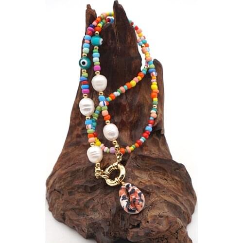 Natural Pearls Retro Bohemian Beach Style Leopard Shell Color Beaded Necklace Freshwater Pearl Jewelry for Women Natural Pearls