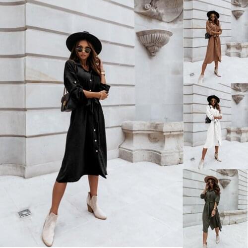 Spring Autumn Solid Long Sleeve Maxi Shirt Womens Dress 2021 Fashion Turn Down Collar Bodycon Button Belt Tunic Ladies Dresses
