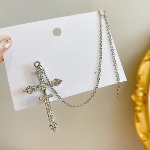1PC Vintage Silver Color Rhinestone Cross Earrings for Women Fashion Hanging Chain Earrings Korean Jewelry Party Pendientes C314
