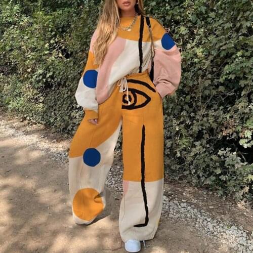 2021 Womens Suit Two Piece Print Casual Sweatshirts Sweatpants Hoodies Pullover 2020 Autumn Winter Vintage Female Tracksuits