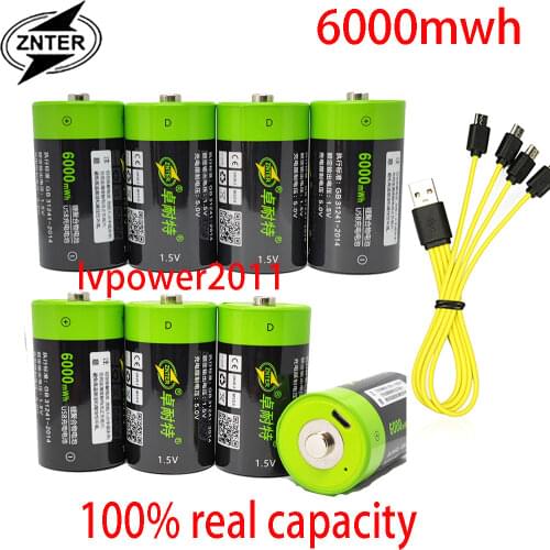 8PCS 4000MAH Lipo lithium polymer ZNTER battery 1.5V D size 6000mwh rechargeable usb batteries + 1pcs USB cable cell