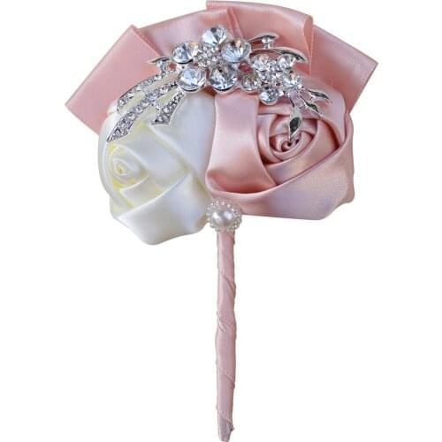 1 Piece Wedding Suit Corsage Groom Boutonniere Party Prom Best Man Corsages Handmade Satin Fabric Rose Crystal Brooch Flowers